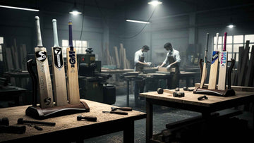 Cricket Bats from top brands including PNARRA, SG, GM, and TON displayed in a professional workshop setting, showcasing high-quality craftsmanship and willow finishing.