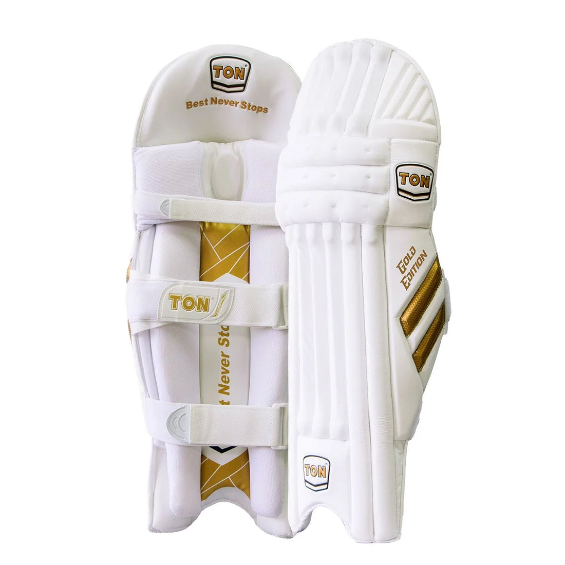SS Ton Gold Edition Cricket Batting Pads made with premium Korean Levlon and high-quality PVC facing for durability and long-lasting performance.