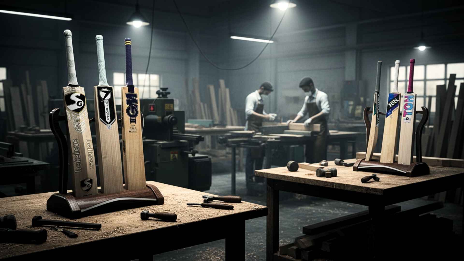 Cricket Bats from top brands including PNARRA, SG, GM, and TON displayed in a professional workshop setting, showcasing high-quality craftsmanship and willow finishing.