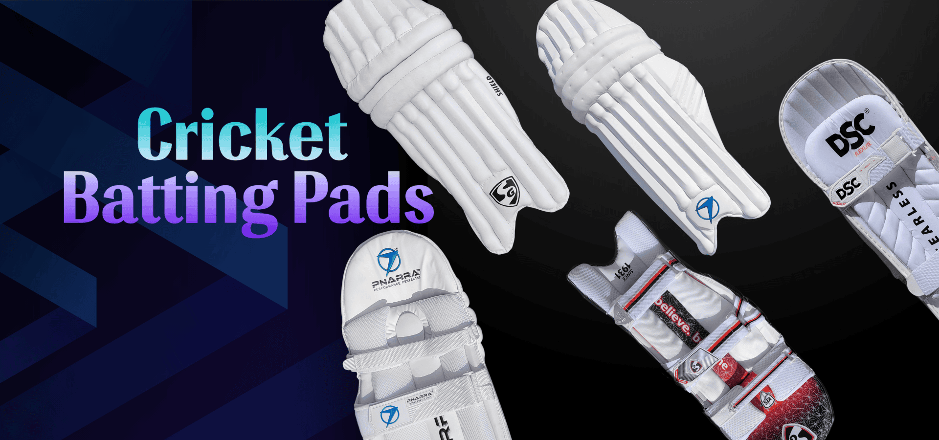 SG, Moonwalker, and PNARRA batting pads in navy blue and white colors.