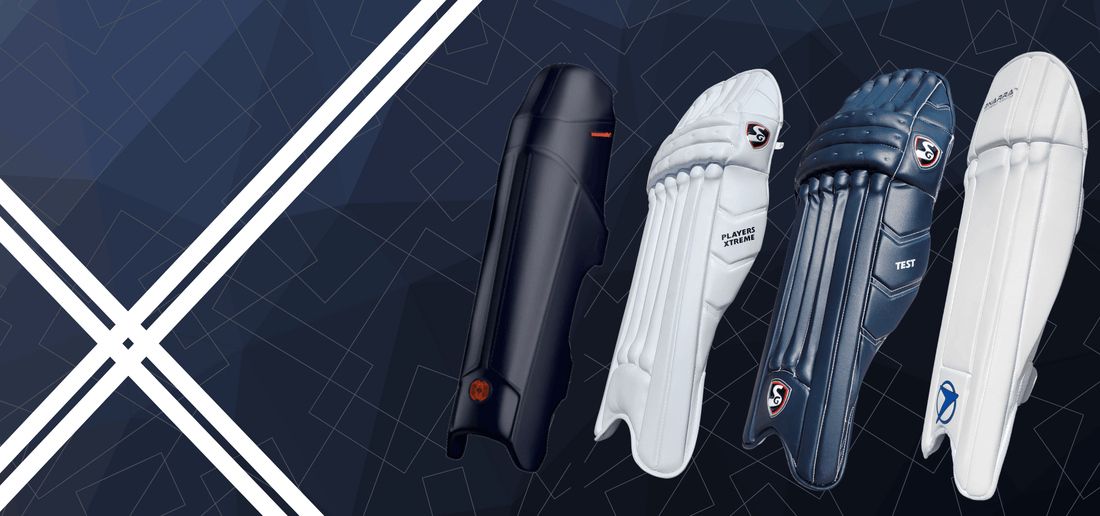 Assorted cricket batting pads by popular brands SG, SS, DSC, and PNARRA displayed in a product showcase.
