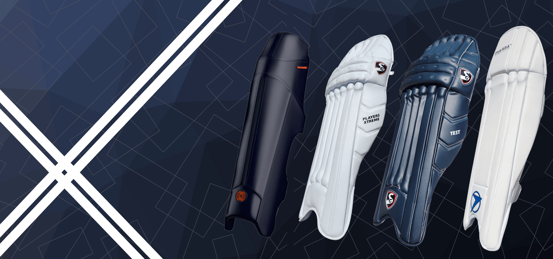 Assorted cricket batting pads by popular brands SG, SS, DSC, and PNARRA displayed in a product showcase.