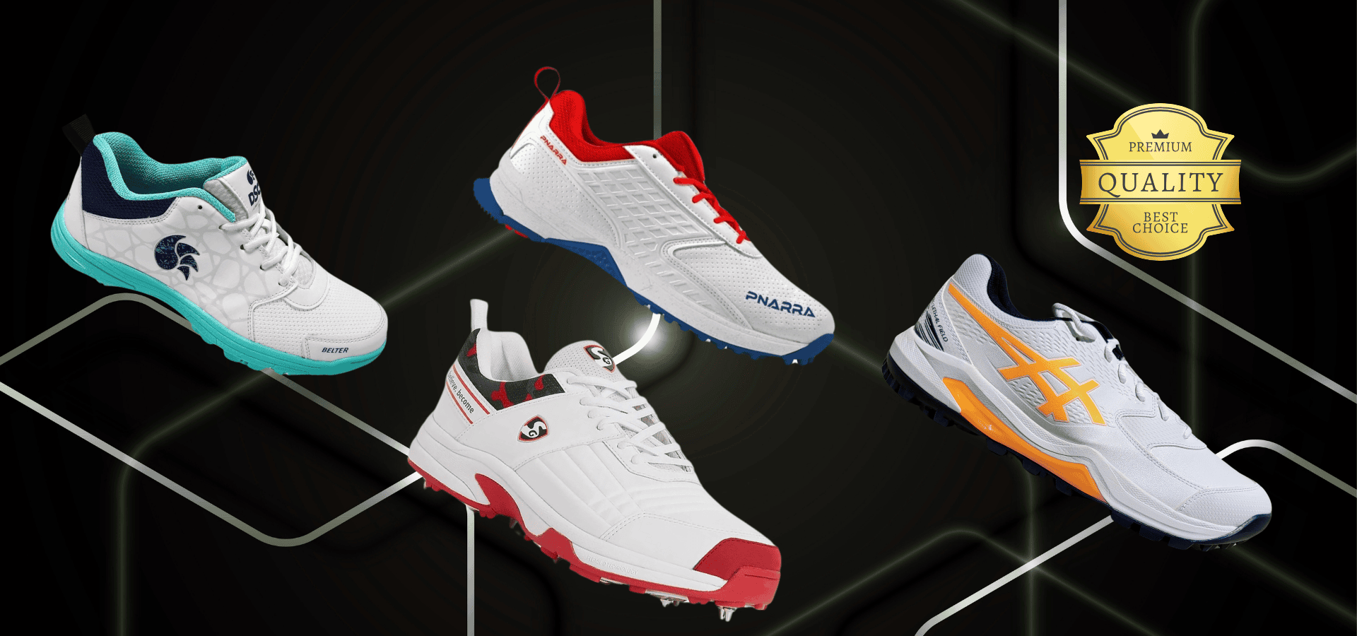SG, DSC, PNARRA, and ASICS cricket shoes displayed on turf for play.