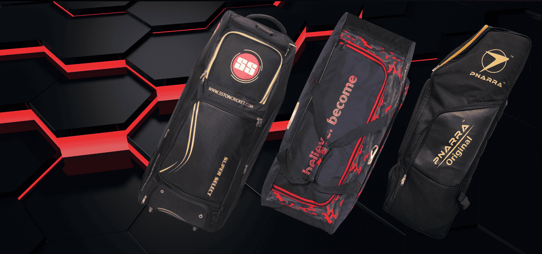 Black cricket kit bags by SG, SS, and PNARRA with spacious compartments.