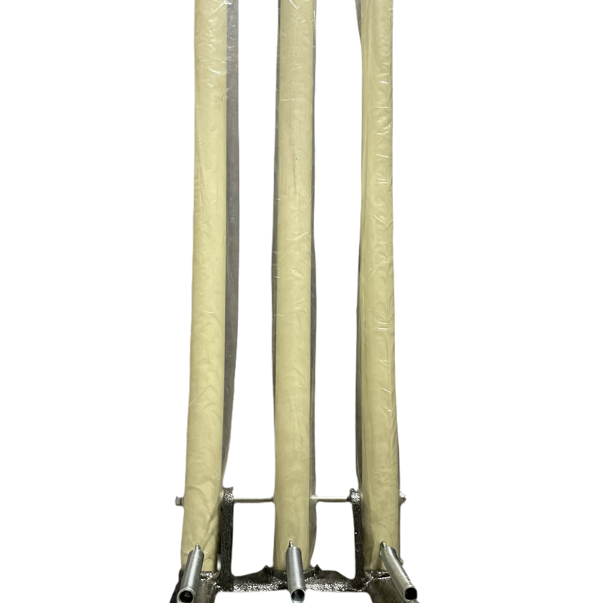 Cricket stumps with a heavy-duty metal base, designed for professional use. The stumps feature durable construction with bells for authentic gameplay. Ideal for competitive matches, offering stability and long-lasting performance.