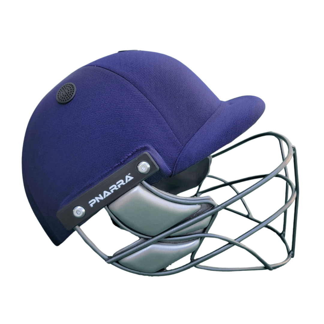 Side profile of PNARRA cricket helmet highlighting ear guard and sleek design.