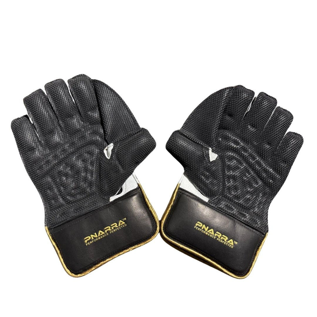 Close-up of PNARRA UltraFlex Wicket Gloves – Midnight Edition showcasing the grip and design.