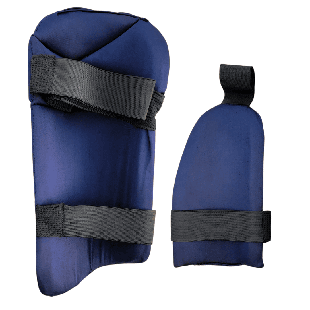Navy blue thigh guard for cricket, offering premium protection and secure fit.