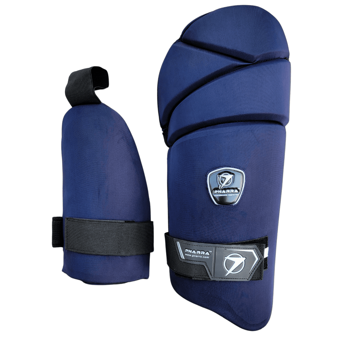 Navy blue thigh guard for cricket, offering premium protection and secure fit.