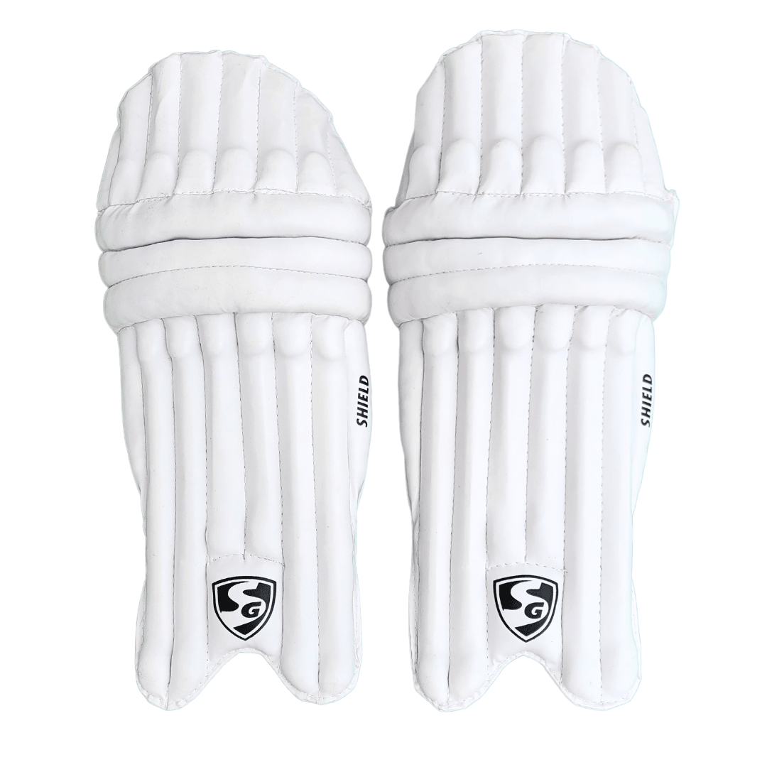 SG Shield pads are worn by a player during cricket batting stance.