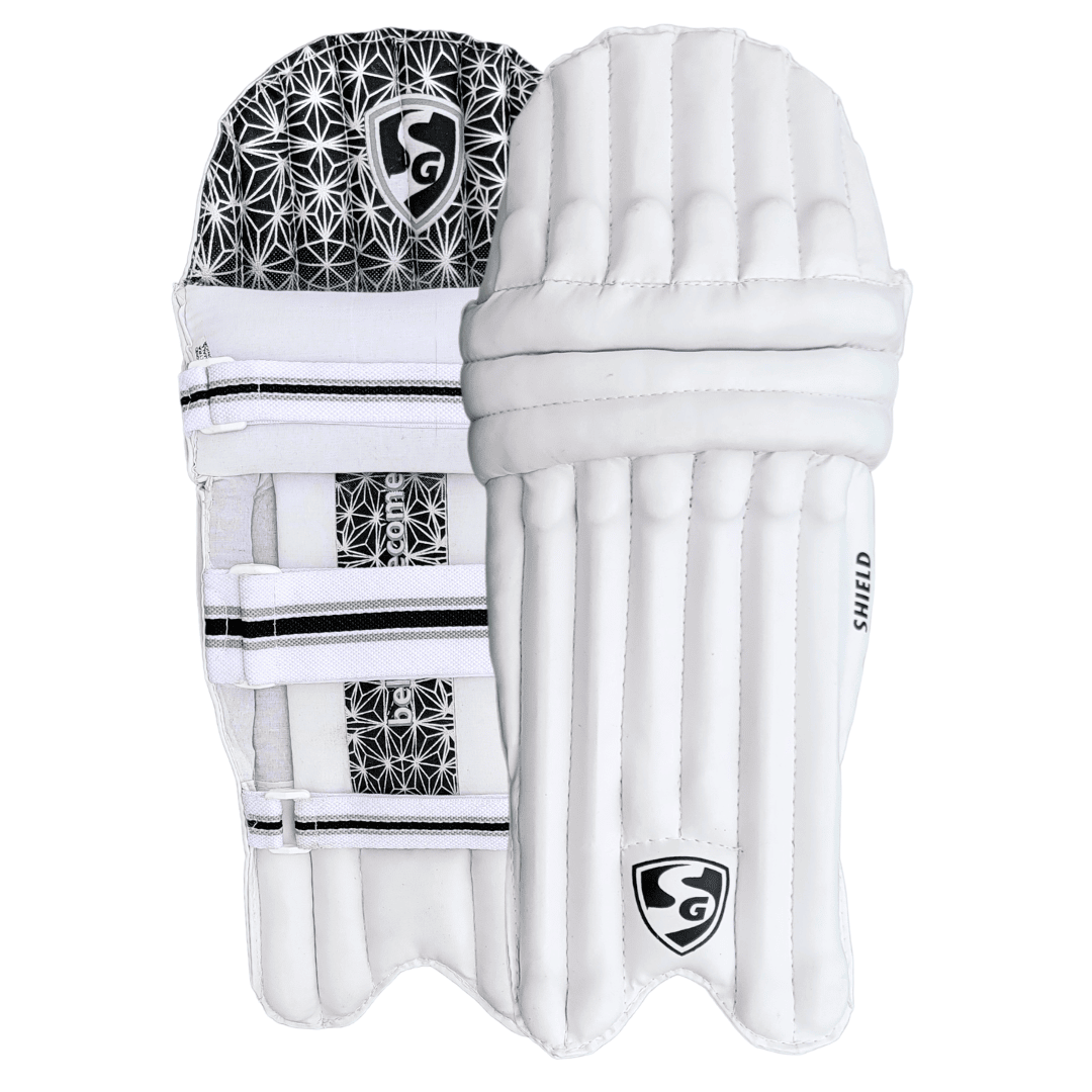 SG Shield pads are worn by a player during cricket batting stance.