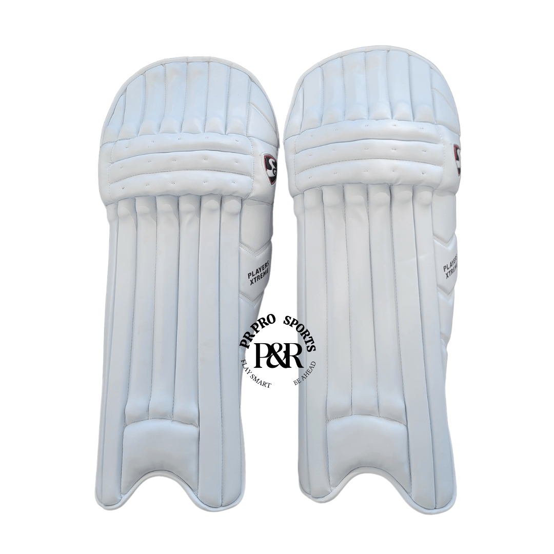 Comfortable and durable SG Players Xtreme Leg Guard (White, Adult) featuring contoured design, sweat-wicking lining, and high-density padding.