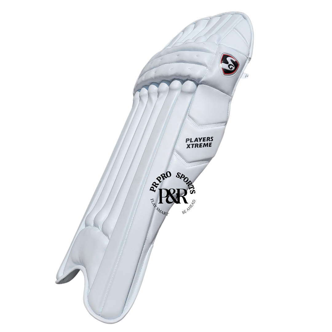 SG Players Xtreme Cricket Leg Guard (White, Adult) with reinforced knee protection, premium PU material, and a contoured fit for pro players.