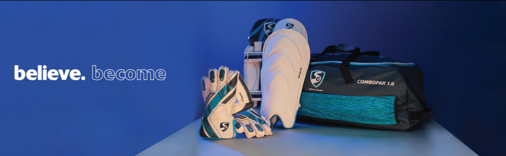 SG protective cricket gear including gloves, pads, and helmets.
