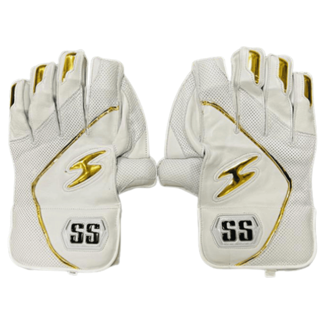 SS Wicket Keeping Gloves designed for professionals, featuring premium quality leather for top performance. 