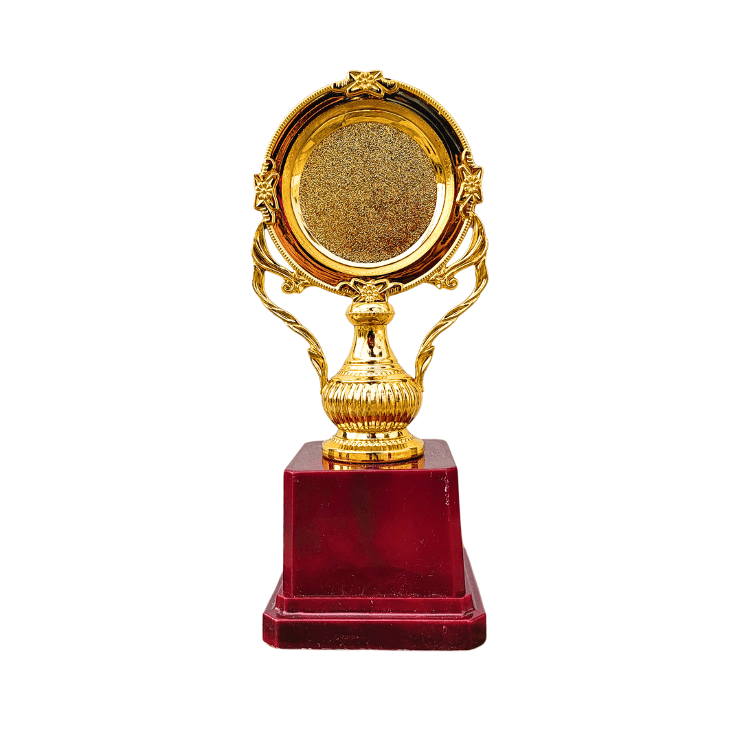 Small cricket trophy with miniature bat and ball – ideal for participation prizes.