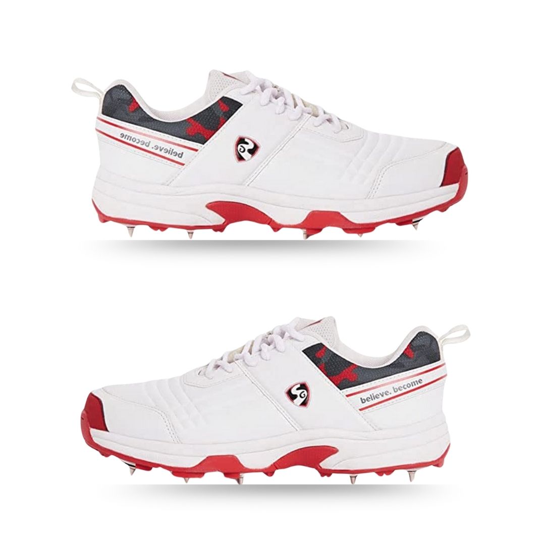 SG Savage Spikes 1.0 Cricket Shoes | White\Red\Grey