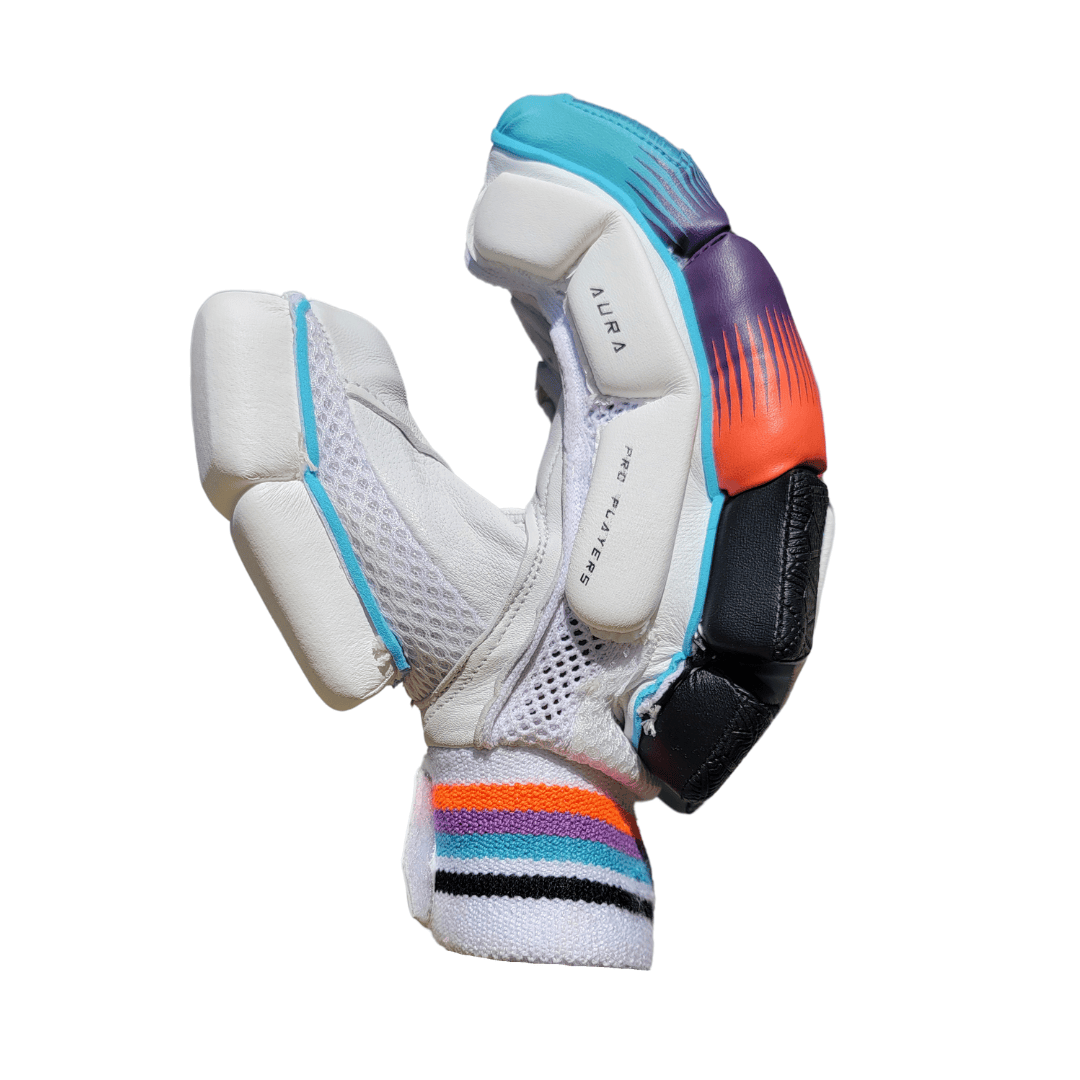 Front view of AURA Pro gloves with fiber padding and Kookaburra branding
