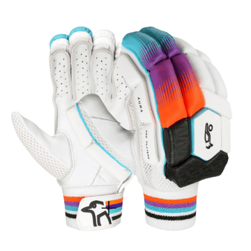 Front view of AURA Pro gloves with fiber padding and Kookaburra branding
