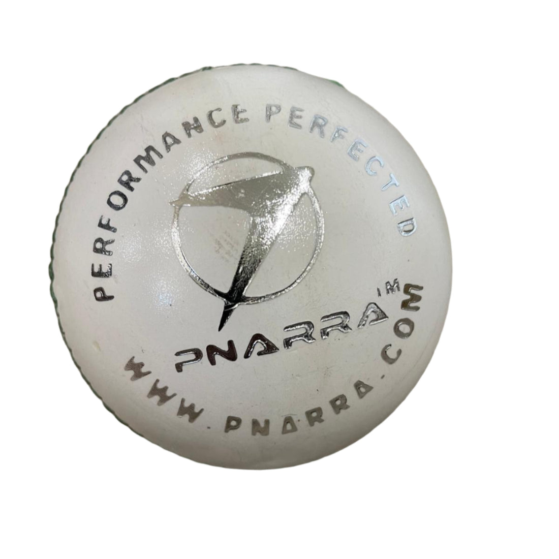 PNARRA white leather cricket ball with clean seam finish.