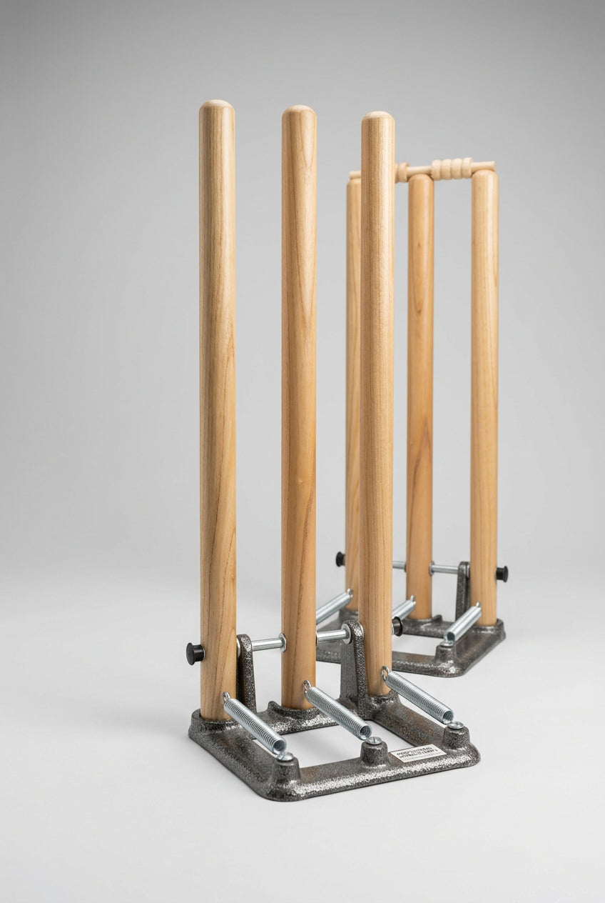 PNARRA natural wooden cricket stumps set of three with heavy metal spring base