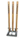 PNARRA natural wooden cricket stumps set of three with heavy metal spring base