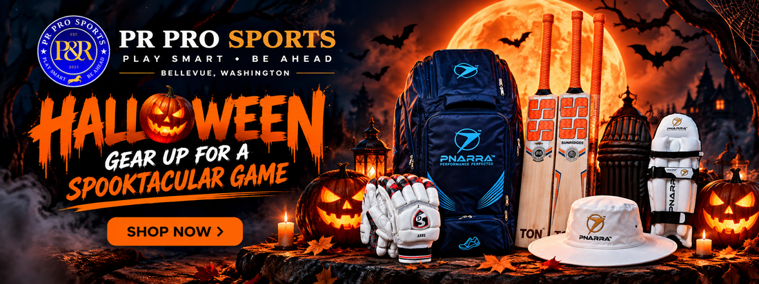 PR PRO SPORTS Halloween 2026 banner featuring cricket bats gloves PNARRA equipment
