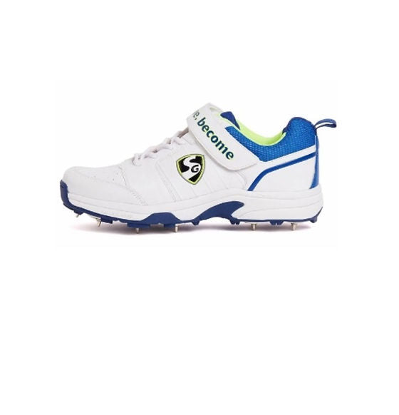 White and blue color variant of SG Sierra 2.0 cricket shoes.