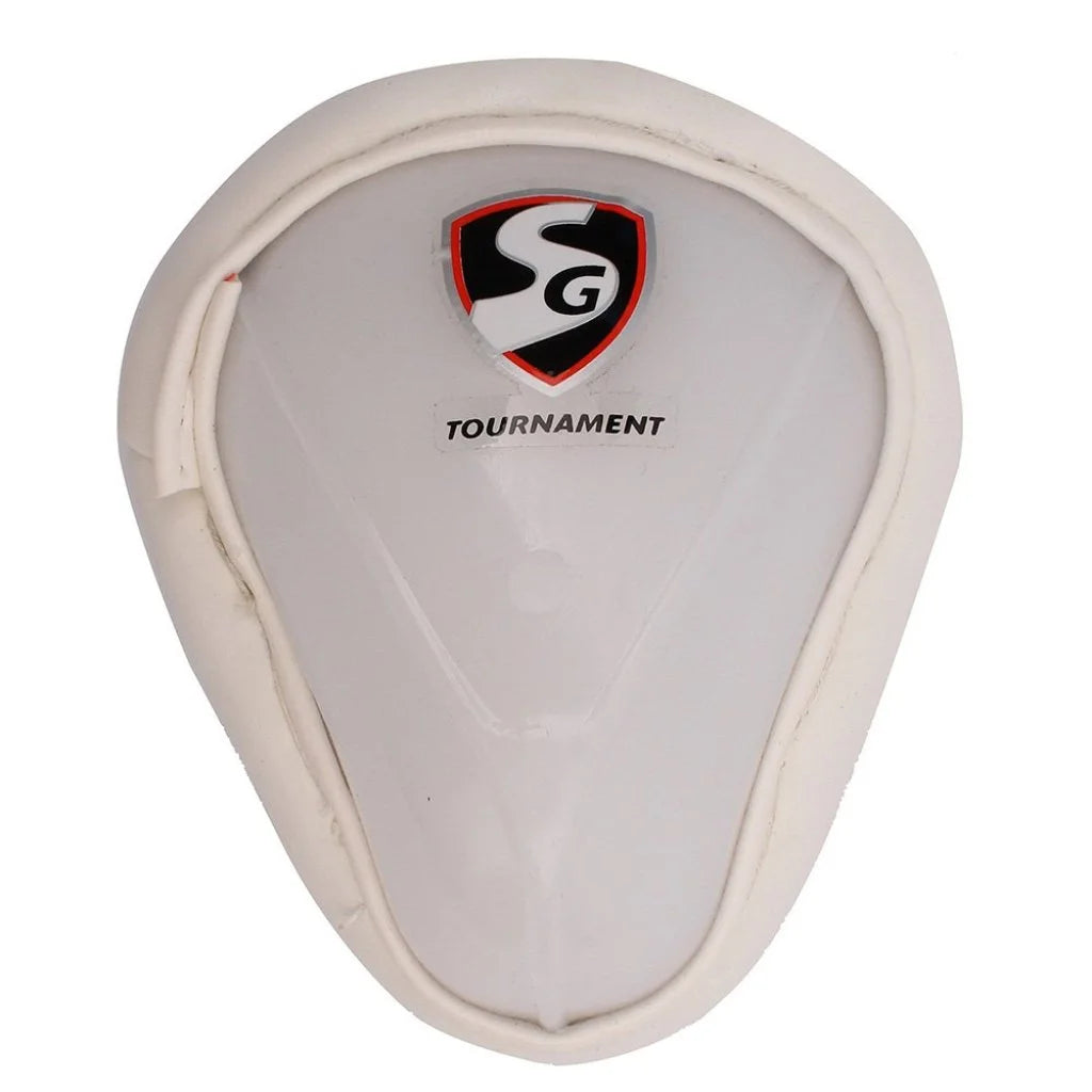 Close-up view of SG PROFILE Men's Abdominal Guard, showing the high impact-resistant poly protector and foam casing with cotton filling for maximum protection and comfort.