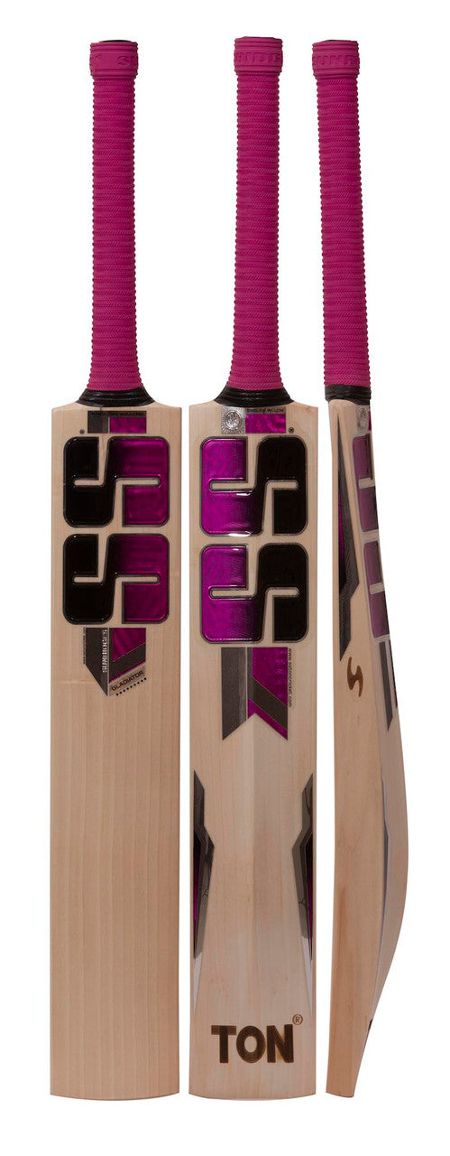 Close-up view of an English Willow Super Grade 1 Cricket Bat showcasing the premium quality wood with massive concave TON edges for high impact. The bat features a modern design, extended sweet spot, and huge edges for superior rebound quality. Embossed chrome sticker and high-quality grip visible, with a round handle offering excellent control and comfort for players. Designed to meet top player specifications, ensuring professional-level performance.